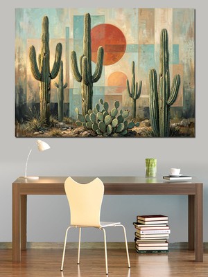 Karizma Tablo Gün Batımında Çöl Kaktüsleri Manzarası Dekoratif Kanvas - Mdf Ahşap Tablo