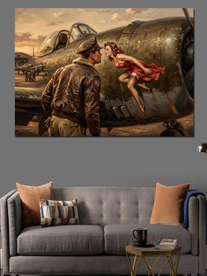 Karizma Tablo Uçak Önünde Romantik Vedalaşma Sahnesi Dekoratif Kanvas - Mdf Ahşap Tablo