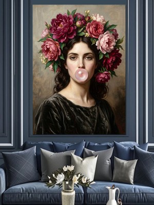 Karizma Tablo Başı Çiçekli ve Balonlu Kadın Dekoratif Kanvas - Mdf Ahşap Tablo