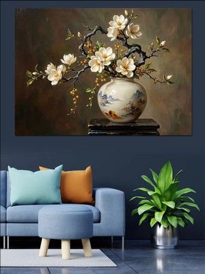 Karizma Tablo Vazoda Beyaz Bahar Dalları Tablosu Dekoratif Kanvas - Mdf Ahşap Tablo