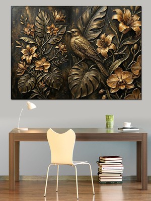 Karizma Tablo Kabartma Dokulu Bronz Kuş ve Çiçek Dekoratif Kanvas - Mdf Ahşap Tablo