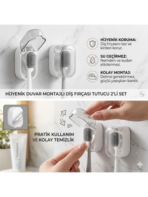 Doori Kendinden Yapışkanlı Kolay Montaj Kapaklı Diş Fırçası Tutucu 2'li Set