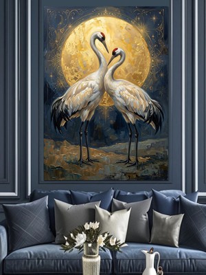 Karizma Tablo Altın Ay Önünde Dans Eden Turnalar Dekoratif Kanvas - Mdf Ahşap Tablo