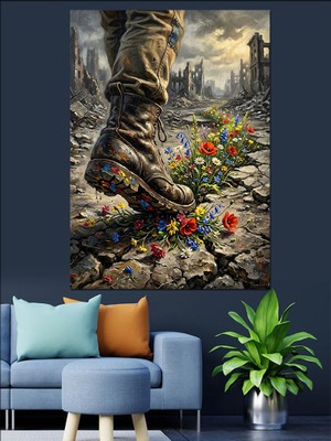 Karizma Tablo Çiçeklerin Üzerine Basan Dev Ayak Dekoratif Kanvas - Mdf Ahşap Tablo