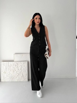 Pileli Store Kadın Çizgili Tansel Kumaş Yelek Pantolon Ikili Takım Ofis Şık Modern - Siyah