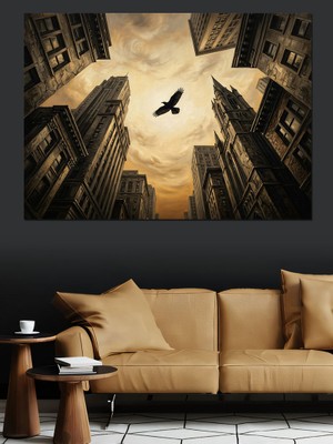 Karizma Tablo Gökdelenler Arasından Süzülen Kara Kuş Dekoratif Kanvas - Mdf Ahşap Tablo