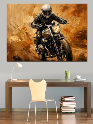 Karizma Tablo Tozlu Yolda Ilerleyen Motosikletli Sürücü Dekoratif Kanvas - Mdf Ahşap Tablo