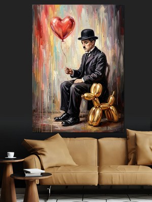 Karizma Tablo Balon Tutan Şık Giyimli Charlie Chaplin Dekoratif Kanvas - Mdf Ahşap Tablo