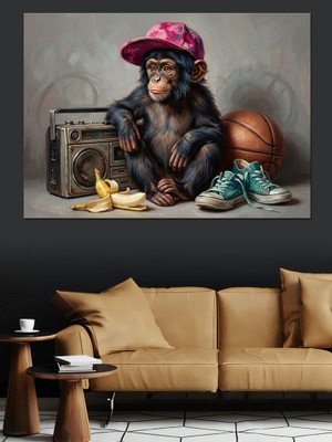 Karizma Tablo Radyo Dinleyen Şapkalı Sevimli Maymun Dekoratif Kanvas - Mdf Ahşap Tablo
