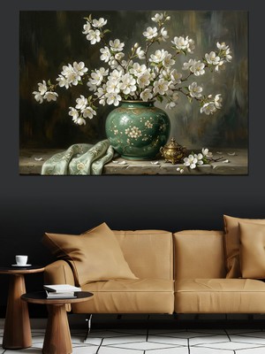 Karizma Tablo Mavi Vazoda Beyaz Çiçek Dalları Dekoratif Kanvas - Mdf Ahşap Tablo