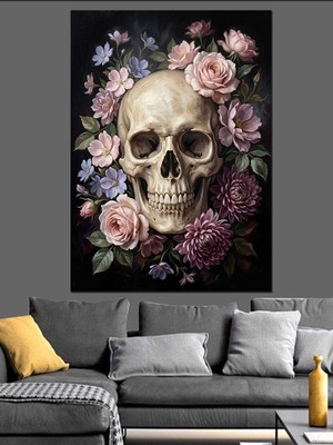 Karizma Tablo Güller Içinde Çiçekli Kurukafa Tablosu Dekoratif Kanvas - Mdf Ahşap Tablo