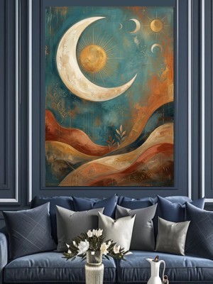 Karizma Tablo Hilal ve Turuncu Gökyüzü Soyut Dekoratif Kanvas - Mdf Ahşap Tablo