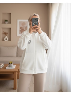 Moda Morfo Eteği Lastikli Kapşonlu Yazılı Sweat -Beyaz