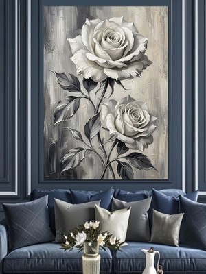 Karizma Tablo Siyah Beyaz Güller ve Tomurcuklar Dekoratif Kanvas - Mdf Ahşap Tablo