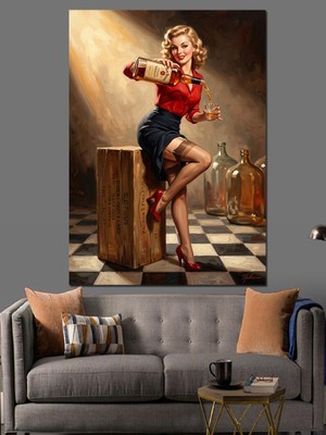 Karizma Tablo Sandık Üzerinde Oturan Pin-Up Kadını Dekoratif Kanvas - Mdf Ahşap Tablo
