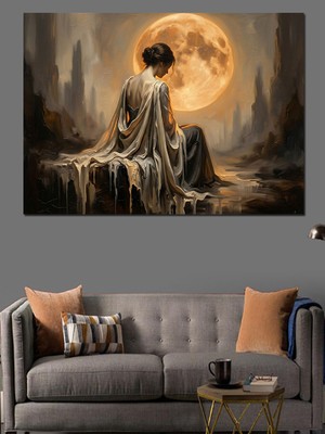 Karizma Tablo Dolunay Önünde Oturan Yalnız Kadın Dekoratif Kanvas - Mdf Ahşap Tablo