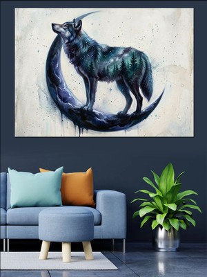 Karizma Tablo Hilal Üzerinde Duran Mistik Kurt Dekoratif Kanvas - Mdf Ahşap Tablo