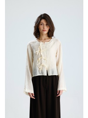 Minaaise Kadın Sarı Tencel Kumaş Bluz Bağcık Detaylı Ve Düğmeli 31043