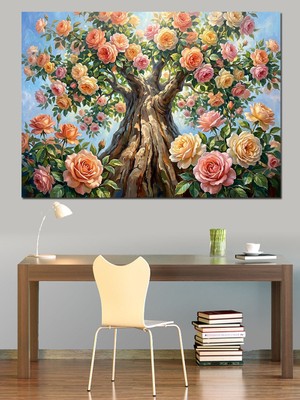 Karizma Tablo Çiçek Açmış Büyük Hayat Ağacı Dekoratif Kanvas - Mdf Ahşap Tablo