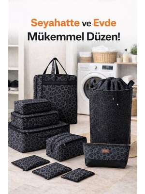 Mor Bebe Premium Leopar Desenli 10 Parça Valiz Organizer Seti Makyaj Çantası Kirli Sepeti