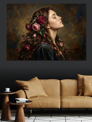 Karizma Tablo Çiçekler Içinde Düşünceli Kadın Yüzü Dekoratif Kanvas - Mdf Ahşap Tablo