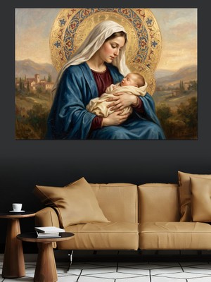 Karizma Tablo Bebek Isa ve Kutsal Meryem Dekoratif Kanvas - Mdf Ahşap Tablo