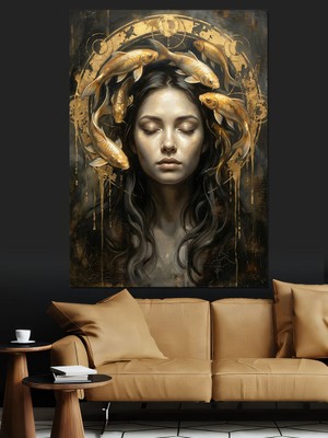 Karizma Tablo Başında Altın Balıklar Olan Kadın Dekoratif Kanvas - Mdf Ahşap Tablo