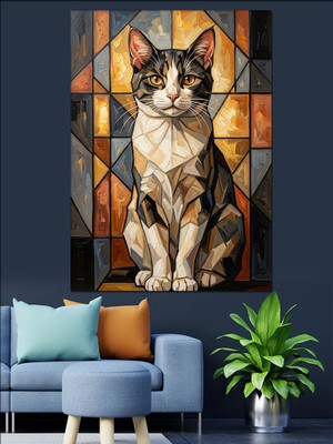 Karizma Tablo Vitray Sanatı Tarzında Renkli Kedi Dekoratif Kanvas - Mdf Ahşap Tablo