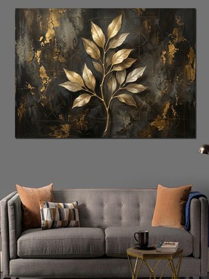 Karizma Tablo Siyah Zemin Üzerinde Altın Yapraklar Dekoratif Kanvas - Mdf Ahşap Tablo