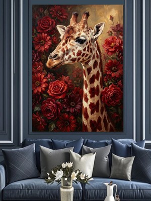 Karizma Tablo Gül Bahçesinde Uzun Boyunlu Zürafa Dekoratif Kanvas - Mdf Ahşap Tablo