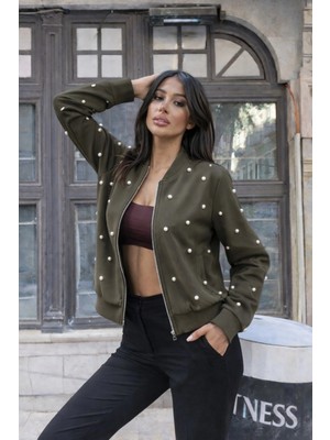 Pileli Store Pilelistore- Kadın Uzun Kollu Önden Fermuarlı Incili Kısa Modal Ceket