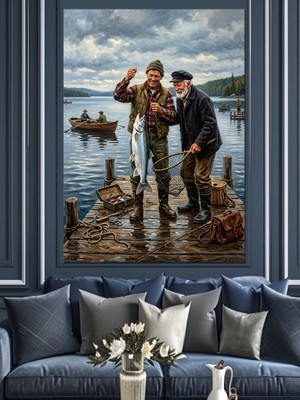 Karizma Tablo Iki Denizcinin Iskeledeki Sohbeti Tablosu Dekoratif Kanvas - Mdf Ahşap Tablo
