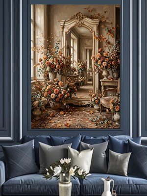 Karizma Tablo Antika Aynalı ve Çiçekli Oda Dekoratif Kanvas - Mdf Ahşap Tablo
