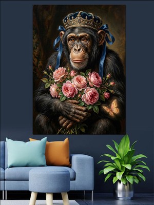 Karizma Tablo Taç Giymiş Çiçekli Şempanze Portresi Dekoratif Kanvas - Mdf Ahşap Tablo