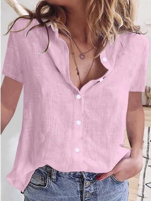 Pileli Store Pilelistore- Kadın Kısa Kollu Basic Keten Gömlek