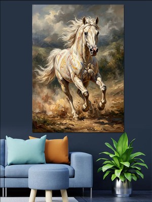 Karizma Tablo Fırtınalı Gökyüzünde Koşan Beyaz At Dekoratif Kanvas - Mdf Ahşap Tablo
