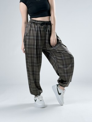 Cocopelli Yeşil Ekose Pileli Kadın Jogger Pantolon COC3065