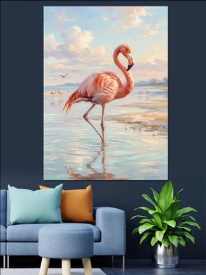 Karizma Tablo Sahilde Duran Tek Pembe Flamingo Dekoratif Kanvas - Mdf Ahşap Tablo