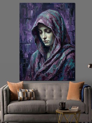 Karizma Tablo Mor Örtülü Hüzünlü Kadın Portresi Dekoratif Kanvas - Mdf Ahşap Tablo