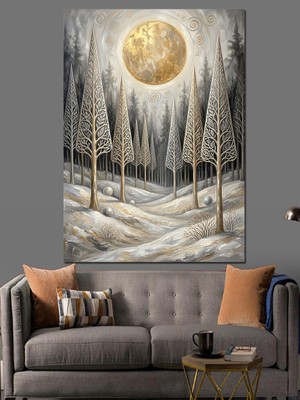 Karizma Tablo Dolunay Altında Karlı Orman Manzarası Dekoratif Kanvas - Mdf Ahşap Tablo