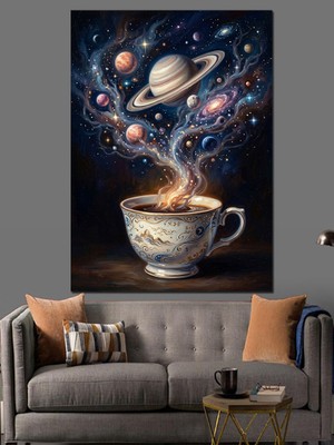 Karizma Tablo Kahve Fincanından Çıkan Uzay Galaksi Dekoratif Kanvas - Mdf Ahşap Tablo