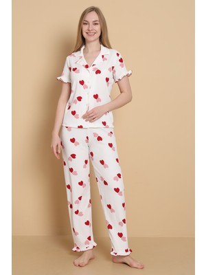 Wordex Mrn 3853 Kalp Desenli Bürümcük Gömlek Yaka Düğmeli Kısa Kollu Kadın Pijama Takımı