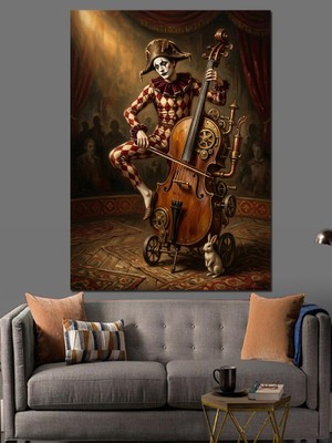 Karizma Tablo Kontrabas Çalan Melankolik Palyaço Figürü Dekoratif Kanvas - Mdf Ahşap Tablo
