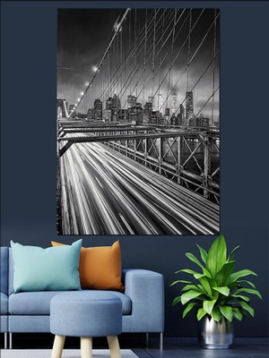 Karizma Tablo Siyah Beyaz Şehir Köprüsü Manzarası Dekoratif Kanvas - Mdf Ahşap Tablo