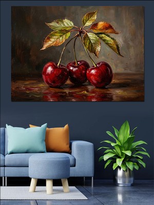 Karizma Tablo Dalında Üç Adet Taze Kiraz Dekoratif Kanvas - Mdf Ahşap Tablo