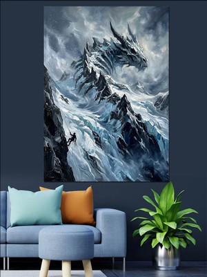 Karizma Tablo Karlı Dağlarda Dev Ejderha Figürü Dekoratif Kanvas - Mdf Ahşap Tablo