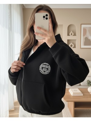 Moda Morfo Eteği Lastikli Kapşonlu Yazılı Sweat -Siyah