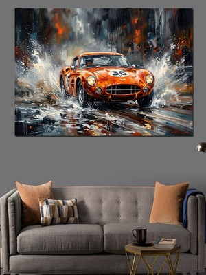 Karizma Tablo Su Sıçratan Turuncu Yarış Arabası Dekoratif Kanvas - Mdf Ahşap Tablo