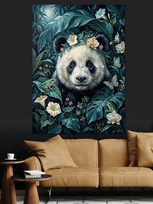 Karizma Tablo Çiçekler Arasında Sevimli Panda Portresi Dekoratif Kanvas - Mdf Ahşap Tablo