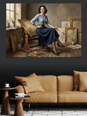 Karizma Tablo Atölyesinde Oturan Ressam Kadın Tablosu Dekoratif Kanvas - Mdf Ahşap Tablo